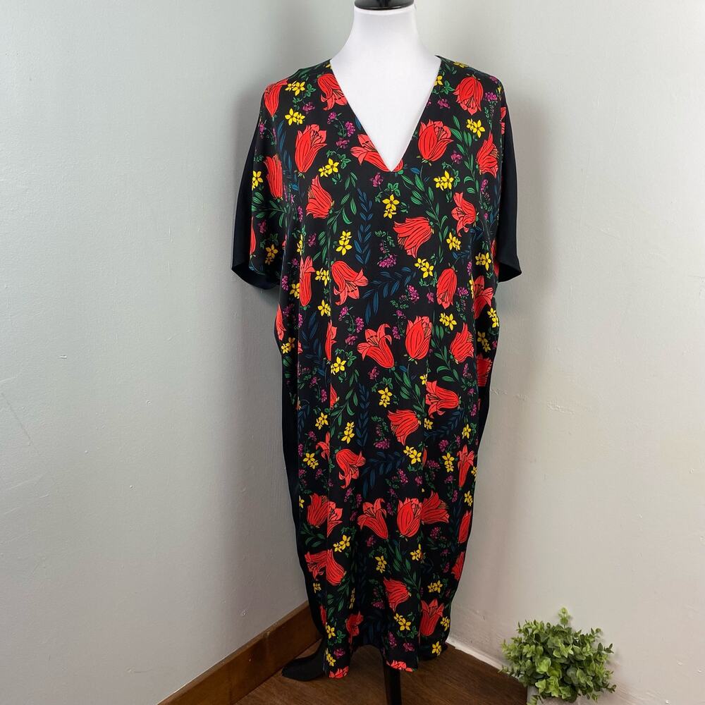 Escada Dafleur Vibrant Floral Caftan Maxi Dress V-Neck Kimono Sleeve Tunic Large